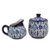 Ceramic sugar bowl and creamer, 'Blue Bajio' - Blue Floral Ceramic Sugar Bowl and Creamer Set thumbail