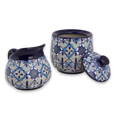 Azucarero y crema de ceramica - Juego de azucarero y crema de ceramica con flores azules