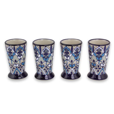 Vasos de chupito de cerámica, 'Blue Bajio' (juego de 4) - Juego de 4 vasos de chupito de tequila de cerámica artesanales