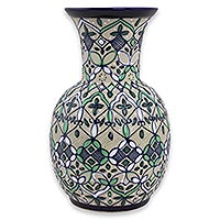 Ceramic vase, 'Mexican Mint' - Beige Ceramic 7-Inch Vase Painted in Mint and Cobalt Blue
