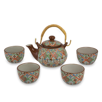 Ceramic tea set, 'Aztec Autumn' (set for 4) - colourful Mexican Handcrafted Ceramic Tea Set for Four