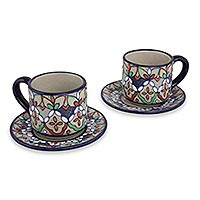 Ceramic demitasse cups and saucers, 'Guanajuato Festivals' (set for 2) - Handcrafted Mexican Ceramic Demitasse Set for 2