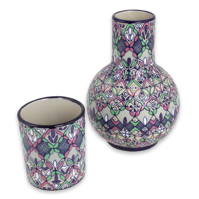 Ceramic carafe and cup, 'Flowers in Celaya' - Ceramic Handcrafted Carafe and Drinking Cup Set