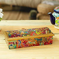 Decoupage jewelry box, 'Huichol Fiesta' - Huichol Theme Decoupage Jewelry Box with Mirror