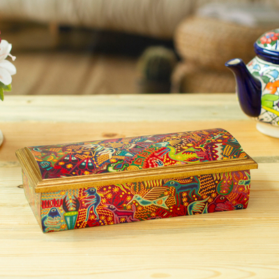 Decoupage Jewellery box, 'Huichol Fiesta' - Huichol Theme Decoupage Jewellery Box with Mirror