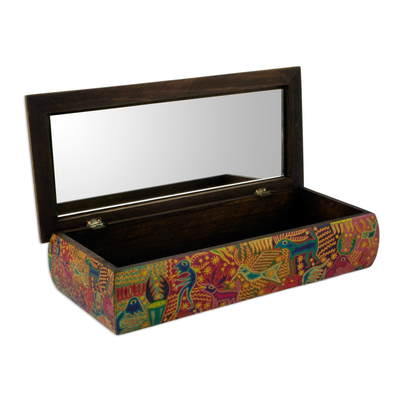 Decoupage jewelry box, 'Huichol Fiesta' - Huichol Theme Decoupage Jewelry Box with Mirror
