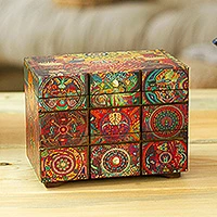 Decoupage jewelry box, 'Huichol Portal' - Decoupage Jewelry Box with Drawer