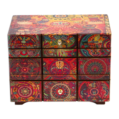 Decoupage Jewellery box, 'Huichol Portal' - Multicolor Huichol Theme on Decoupage Jewellery Box