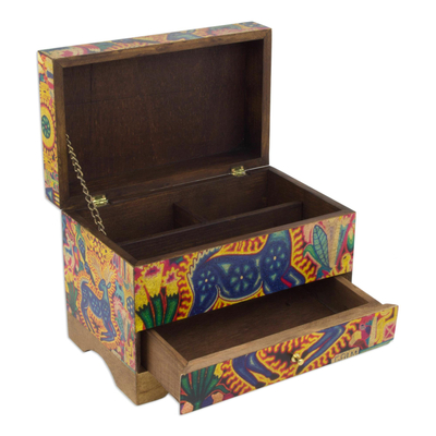 Decoupage jewelry box, 'Kawuyumaire Guardian' - Huichol Deer on Decoupage Wood Jewelry Box