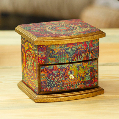 Decoupage Jewellery box, 'Huichol Vision' - Decoupage on Pinewood Jewellery Box with Huichol Theme
