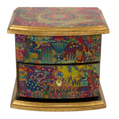 Decoupage jewelry box, 'Huichol Vision' - Contemporary Handcrafted Multicolor Decoupage Gold Trimmed j