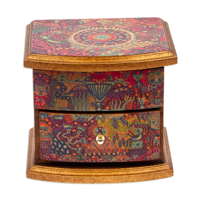 Decoupage jewelry box, 'Huichol Vision' - Decoupage on Pinewood Jewelry Box with Huichol Theme