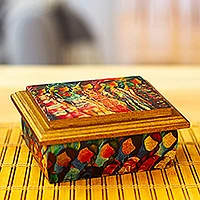 Caja de joyería de decoupage, 'Mujeres Huichol' - Caja de joyería de decoupage de mujeres huicholes con espejo