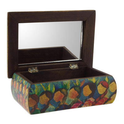 Decoupage jewelry box, 'Huichol Women' - Huichol Women on Wood Decoupage Jewelry Box with Mirror