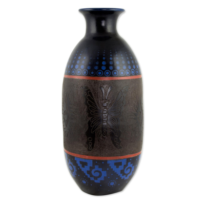 Ceramic vase, 'Angangueo Night' - Decorative Ceramic Vase with Hand Etched Butterflies