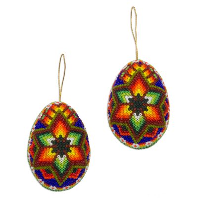 Beadwork ornaments, 'Huichol Star' (pair) - Handcrafted Original Huichol Beadwork Ornaments (Pair)