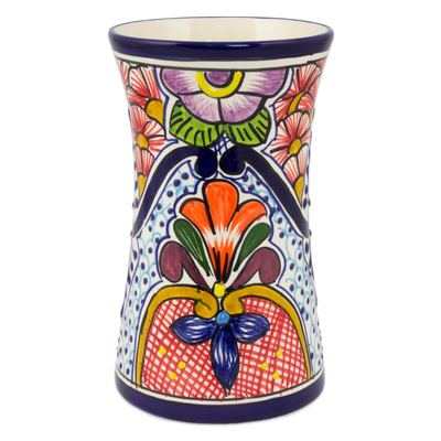 Ceramic vase, 'Radiant Flowers' - Talavera-Inspired 8-Inch Ceramic Vase from Mexico