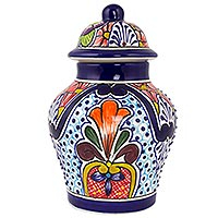 Jarra de cerámica, 'Flores radiantes' - Jarra de jengibre con tapa de cerámica mexicana estilo talavera hecha a mano