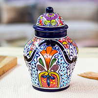 Keramikglas „Radiant Flowers“ – handgefertigtes mexikanisches Ingwerglas aus Keramik im Talavera-Stil mit Deckel