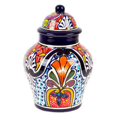 Ceramic jar, 'Radiant Flowers' - Handcrafted Talavera-Style Mexican Ceramic Lidded Ginger Jar