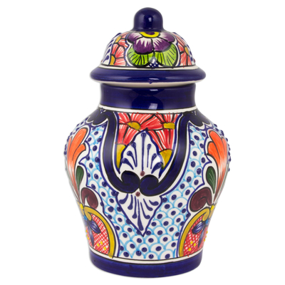 Ceramic jar, 'Radiant Flowers' - Handcrafted Talavera-Style Mexican Ceramic Lidded Ginger Jar