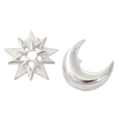 Sterling silver button earrings, 'Moon and Star' - Star and Crescent Moon Silver Button Earrings from Mexico