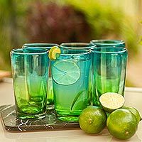 Blown glass highball glasses, 'Aurora Borealis' (set of 6) - 6 Artisan Crafted Blue Green Blown Glass Highball Glasses