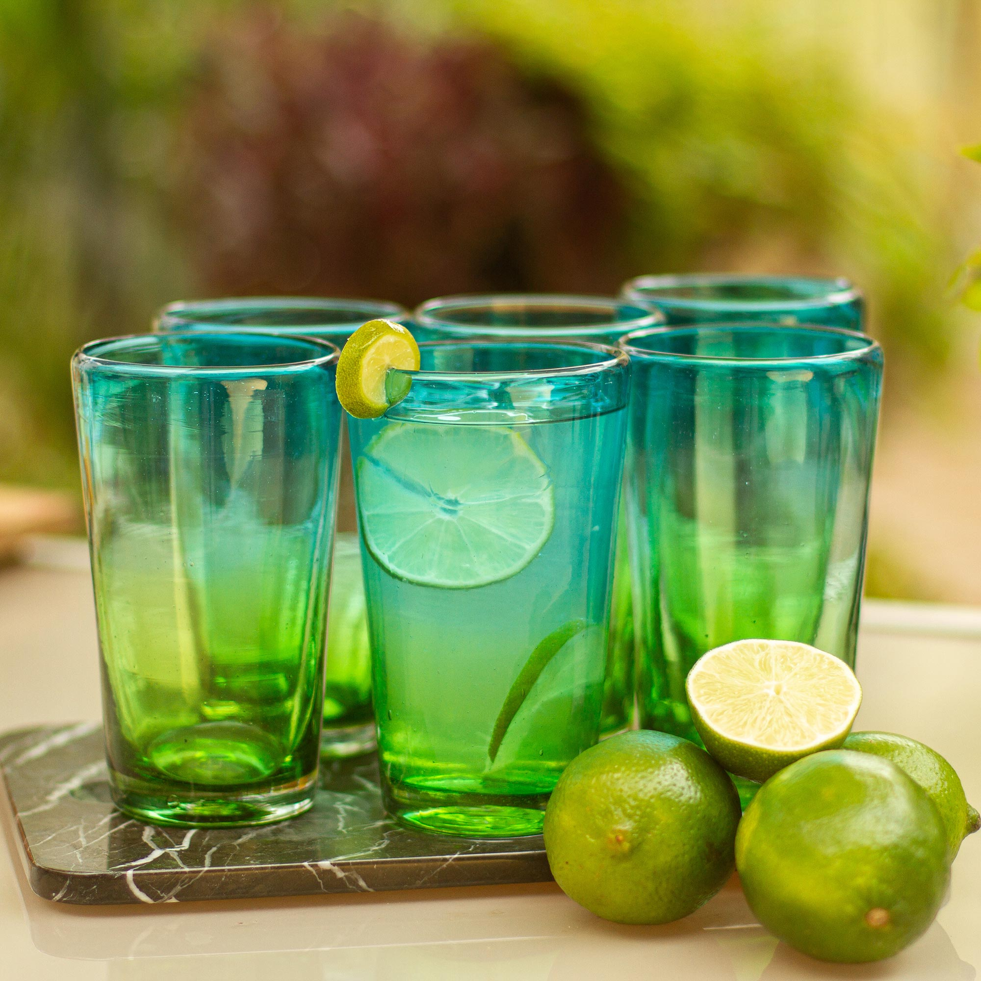 Aurora Tapatia NOVICA Hand Blown Recycled Glass Blue and Green Ombre Highball Glasses 15 oz set of 6 