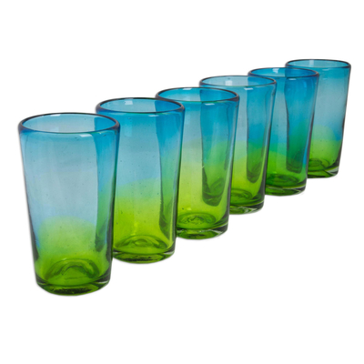 Blown glass highball glasses, 'Aurora Tapatia' (set of 6) - 6 Artisan Crafted Blue Green Blown Glass Highball Glasses