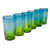 Vasos altos de vidrio soplado, (juego de 6) - 6 vasos altos de vidrio soplado azul verde artesanales