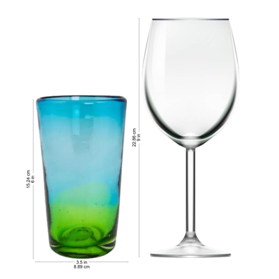 Blown glass highball glasses, 'Aurora Tapatia' (set of 6) - 6 Artisan Crafted Blue Green Blown Glass Highball Glasses