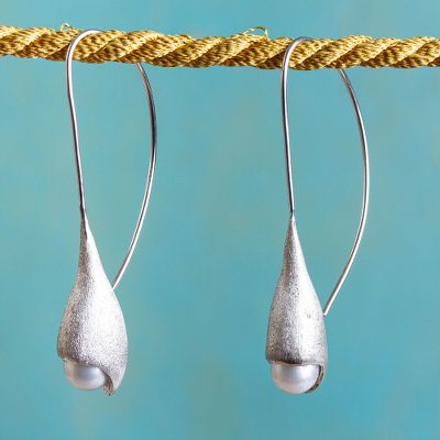 Cultured pearl drop earrings, 'Jasmine Buds' - Contemporary Cultured Pearl Sterling Silver Drop Earrings