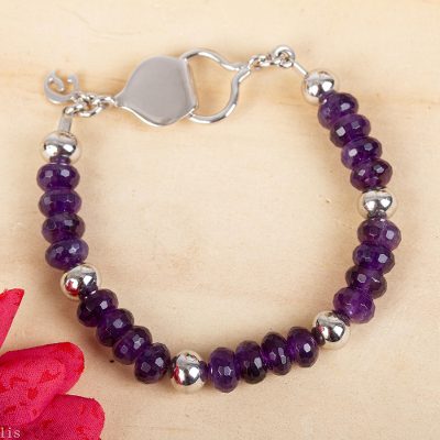 Amethyst beaded bracelet, 'Purple Dahlia' - Handcrafted Amethyst and 925 Sterling Silver Beaded Bracelet