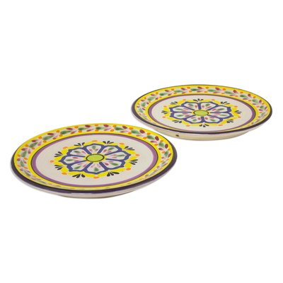 Majolica ceramic dessert plates, 'Celaya Sunflower' (pair) - Blue and Yellow Floral Mexican Ceramic Dessert Plates (Pair)