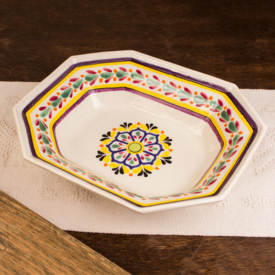 Majolica ceramic octagonal serving bowl, 'Celaya Sunflower' - Octagonal Servng Bowl of Mexican Majolica Ceramic