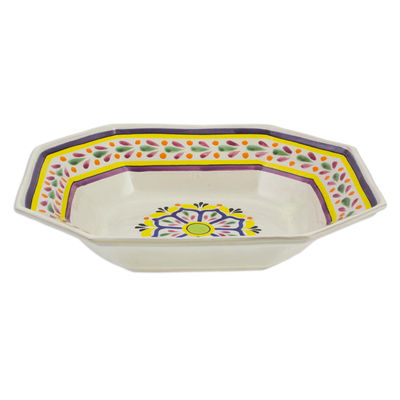 Majolica ceramic octagonal serving bowl, 'Celaya Sunflower' - Octagonal Servng Bowl of Mexican Majolica Ceramic