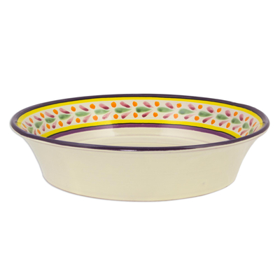 Majolica ceramic serving bowl, 'Celaya Sunflower' - Yellow and White Floral Theme Ceramic Serving Bowl