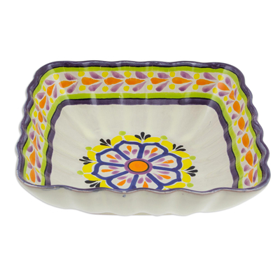 Majolica ceramic square serving bowl, 'Celaya Sunflower' - Mexican Artisan Crafted Majolica 8-Inch Serving Bowl