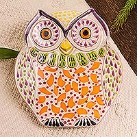 Majolica ceramic dish, 'Curious Orange Owl' - Handcrafted Orange Owl Theme Majolica Ceramic Dish