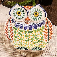 Majolica ceramic dish, 'Curious Green Owl' - Handcrafted Owl Theme Green and Blue Majolica Ceramic Dish
