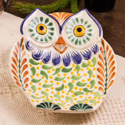 Majolica ceramic dish, Curious Green Owl