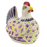 Majolica ceramic cookie jar, Pretty Purple Hen