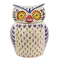 Majolica ceramic cookie jar, 'Purple Owl' - Handcrafted Lead Free Traditional Mexican Majolica Cookie Ja