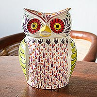 Majolica ceramic cookie jar, 'Colorful Owl' - Colorful Owl Theme Majolica Ceramic Cookie Jar