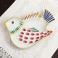 Majolica ceramic dish, 'Red Wing Songbird' - Handcrafted Songbird Theme Majolica Ceramic Dish