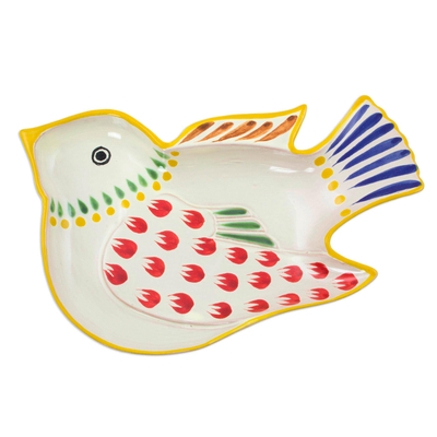 Plato de cerámica de mayólica, 'Red Wing Songbird' - Plato de cerámica de mayólica con tema de pájaro cantor hecho a mano