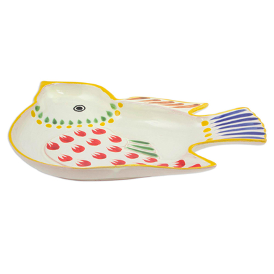 Majolica ceramic dish, 'Red Wing Songbird' - Handcrafted Songbird Theme Majolica Ceramic Dish