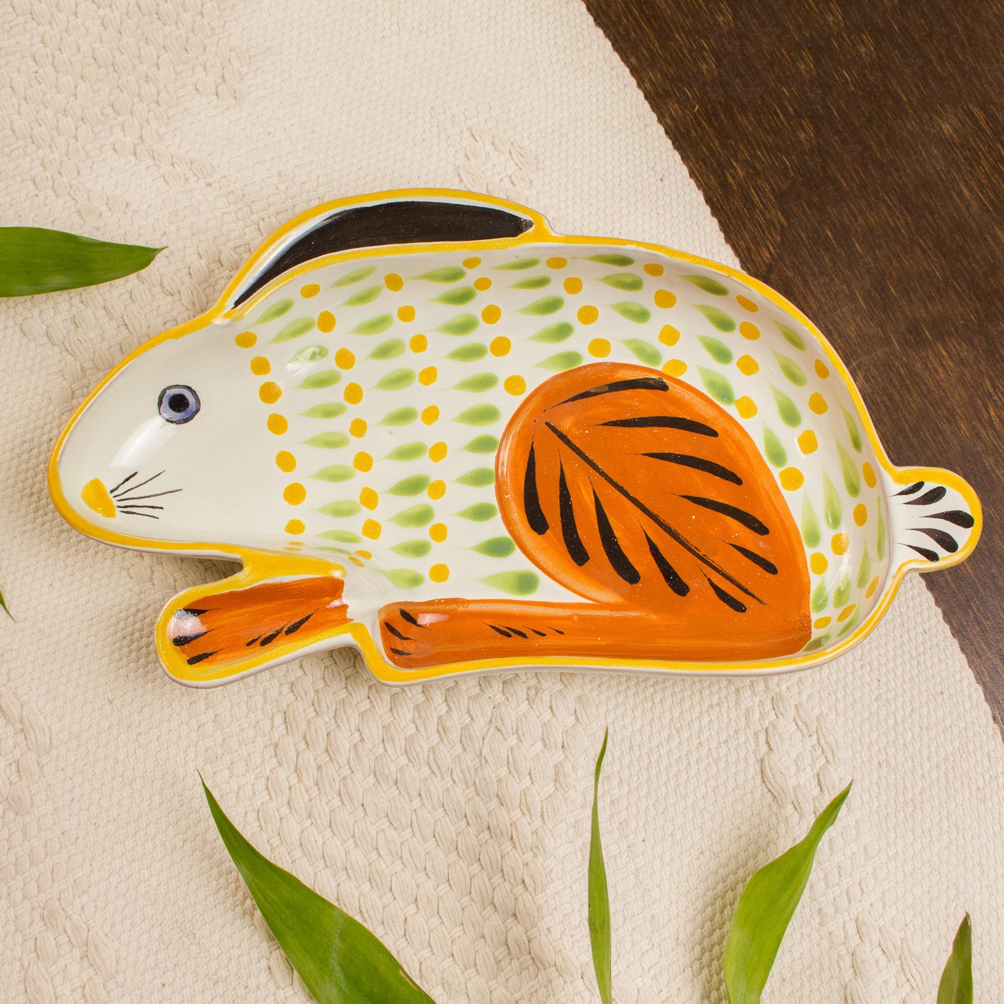 Rabbit Theme Handcrafted Majolica Ceramic Canape Dish Rabbit In The Moon Novica