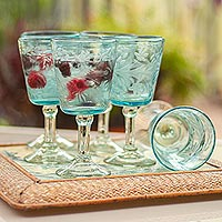 Blown glass wine glasses, Aquamarine Sunflowers (set of 6)