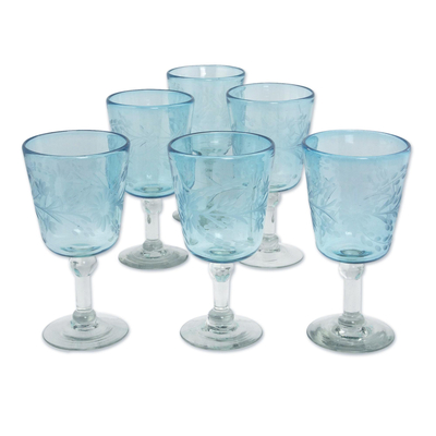 Blown glass wine glasses, 'Aquamarine Sunflowers' (set of 6) - Engraved Pepita Flowers on Hand Blown Wine Glasses Set of 6